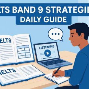 Student practising IELTS Band 9 strategies daily across all four skills.
