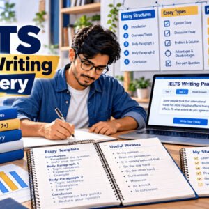 Student studying IELTS essay writing with notes, templates, and examples for Band 7+