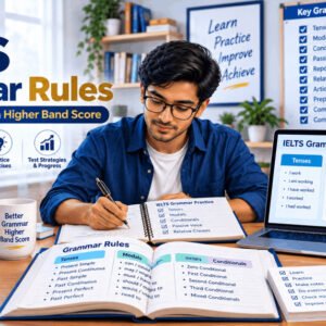 Student studying IELTS grammar rules with books and laptop, preparing for Band 7+