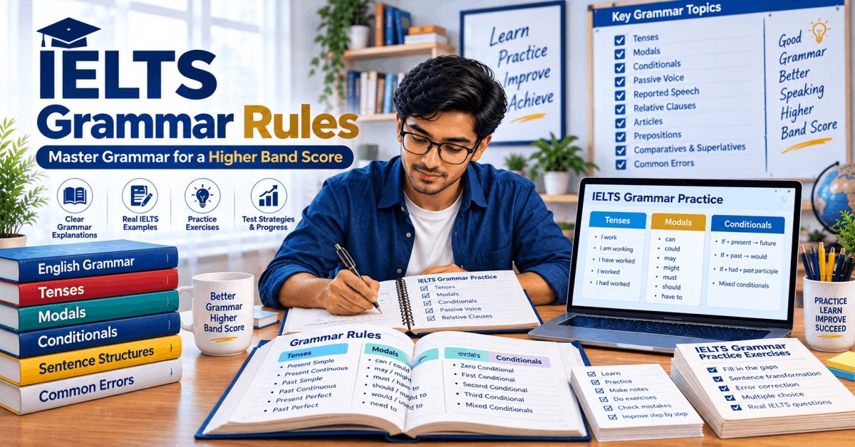 Student studying IELTS grammar rules with books and laptop, preparing for Band 7+