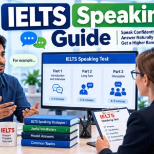 IELTS speaking guide cover image showing exam practice with real questions and answers.