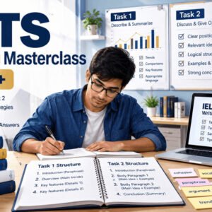 Student practicing IELTS Writing Academic Task 1 and Task 2 essays with notes and study materials.