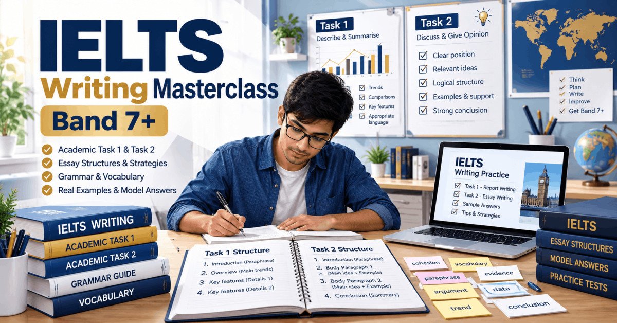 Student practicing IELTS Writing Academic Task 1 and Task 2 essays with notes and study materials.