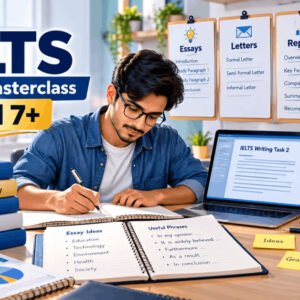 Student writing essays and letters for IELTS Writing Masterclass Band 7+ course preparation.