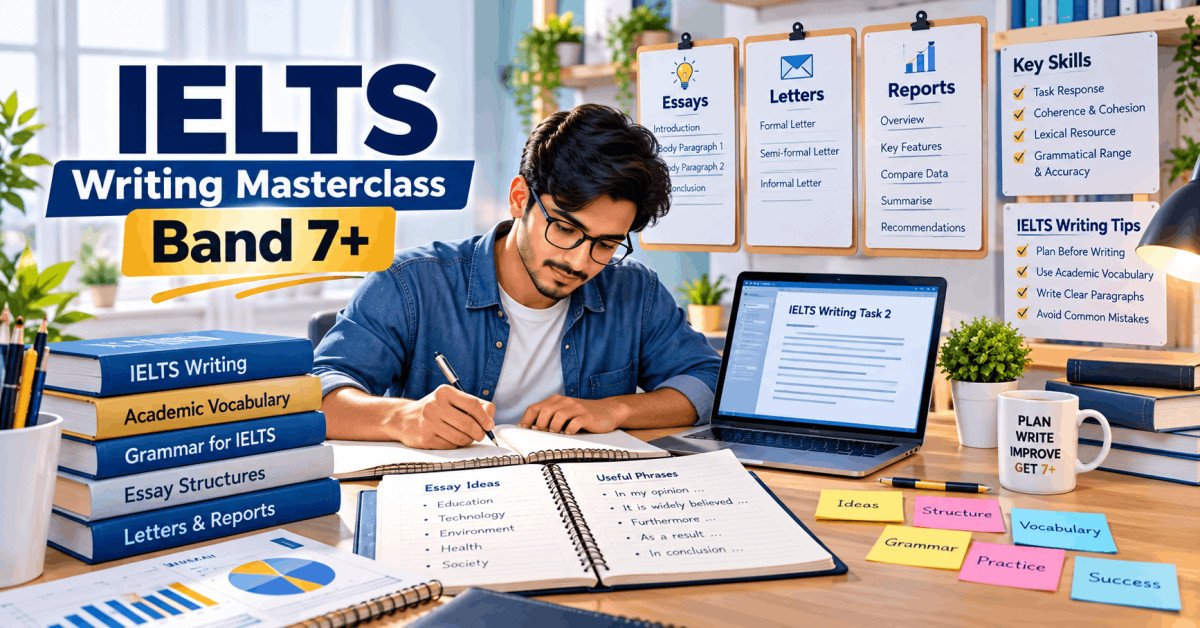 Student writing essays and letters for IELTS Writing Masterclass Band 7+ course preparation.