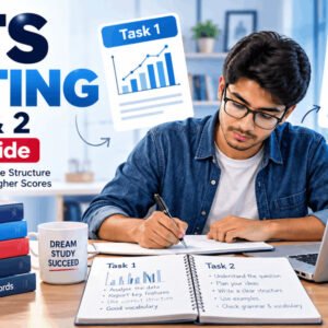 Student preparing for IELTS Writing Task 1 & 2 with books and laptop – IELTS writing preparation Band 9 guide.
