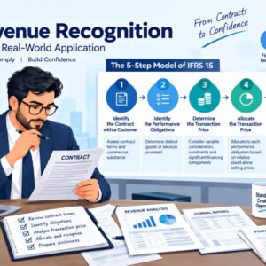 Illustration of IFRS 15 revenue recognition 5-step model with contracts, pricing, and reporting visuals