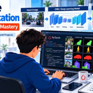 Student learning image segmentation with PyTorch on computer screen, coding CNNs and semantic segmentation.