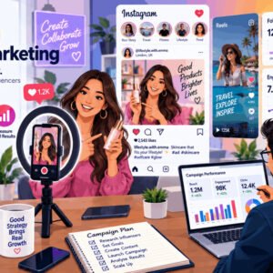 Instagram influencer marketing strategy with business collaboration visuals.