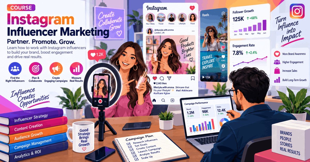 Instagram influencer marketing strategy with business collaboration visuals.
