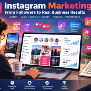 Instagram marketing masterclass showing reels, posts, stories, and analytics strategies.