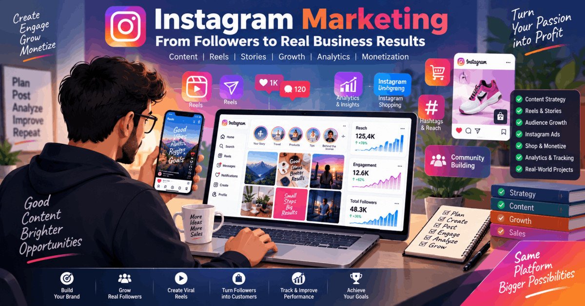 Instagram marketing masterclass showing reels, posts, stories, and analytics strategies.
