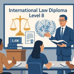 Students studying international law with books, scales of justice, and UN symbols for International Law Diploma Level 8.