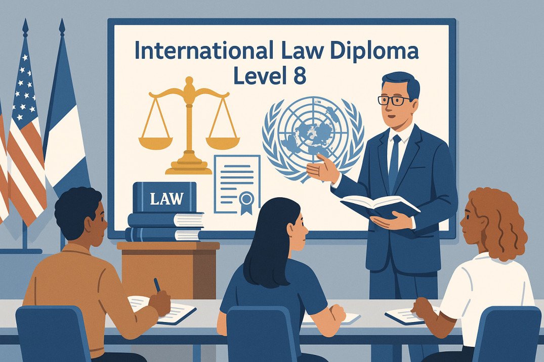 Students studying international law with books, scales of justice, and UN symbols for International Law Diploma Level 8.
