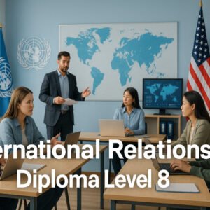 Students studying diplomacy and global politics in International Relations Diploma Level 8