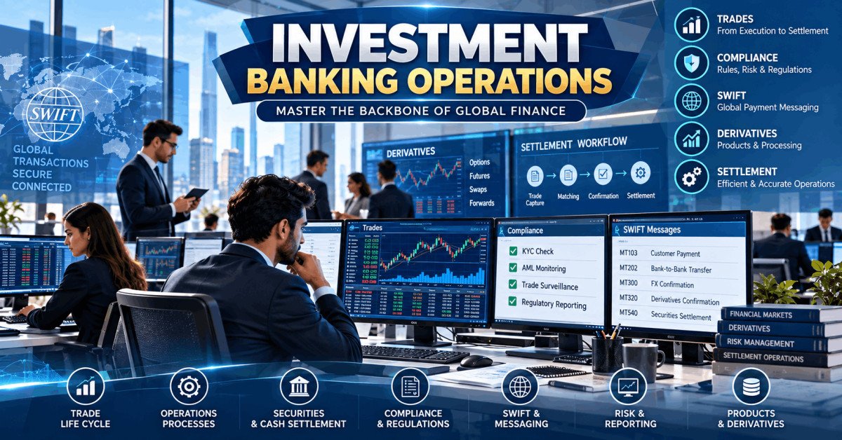 Professional team analyzing trade lifecycle and compliance in investment banking operations.