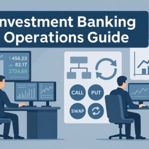 Professional illustration of investment banking operations with trading, lifecycle, and derivatives concepts.