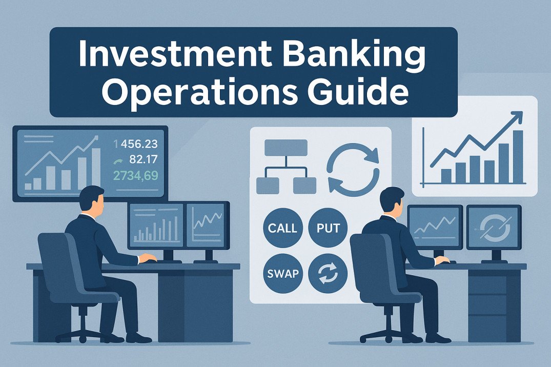 Professional illustration of investment banking operations with trading, lifecycle, and derivatives concepts.