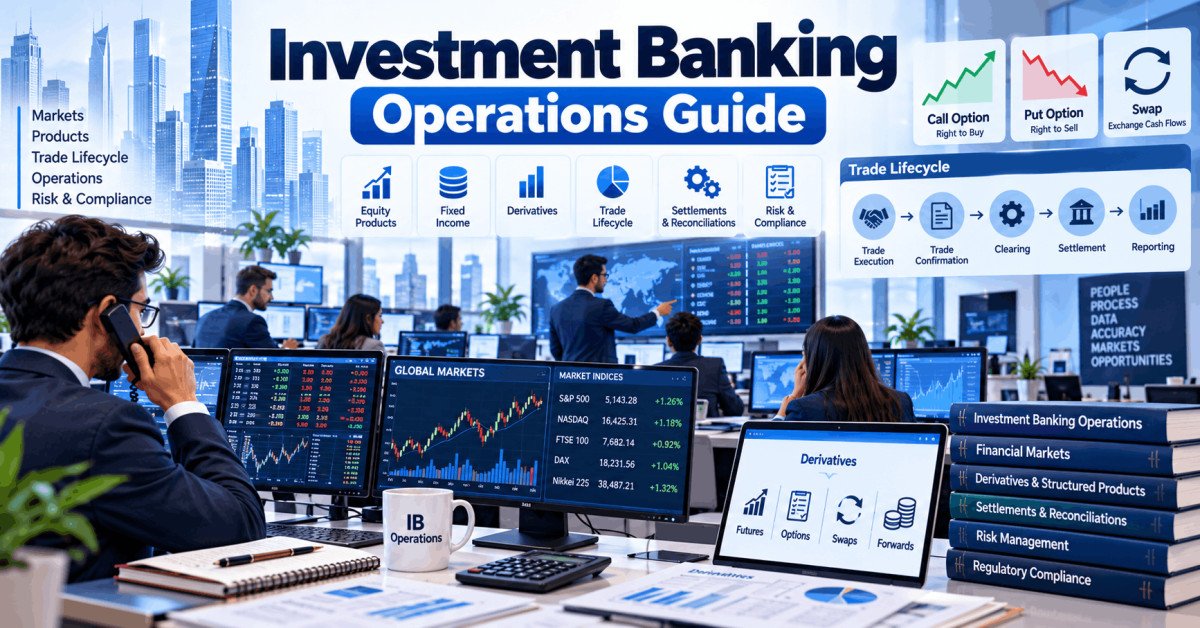 Professional illustration of investment banking operations with trading, lifecycle, and derivatives concepts.