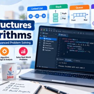 Java data structures and algorithms course banner with coding concepts and Java code editor screen