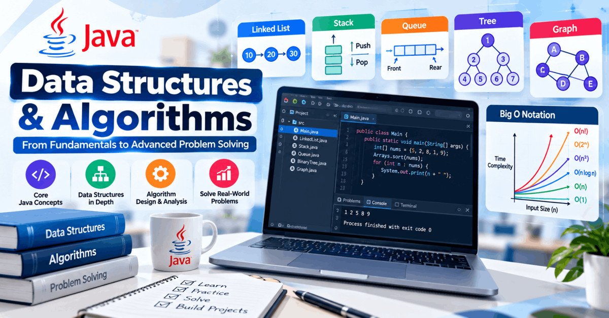 Java data structures and algorithms course banner with coding concepts and Java code editor screen