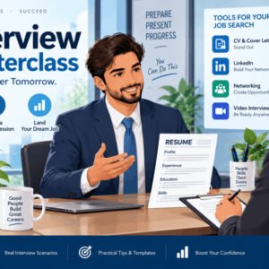 Professional illustration of job interview skills training with resume, recruiter, and candidate visuals.