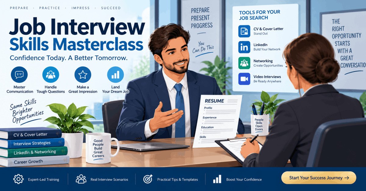 Professional illustration of job interview skills training with resume, recruiter, and candidate visuals.