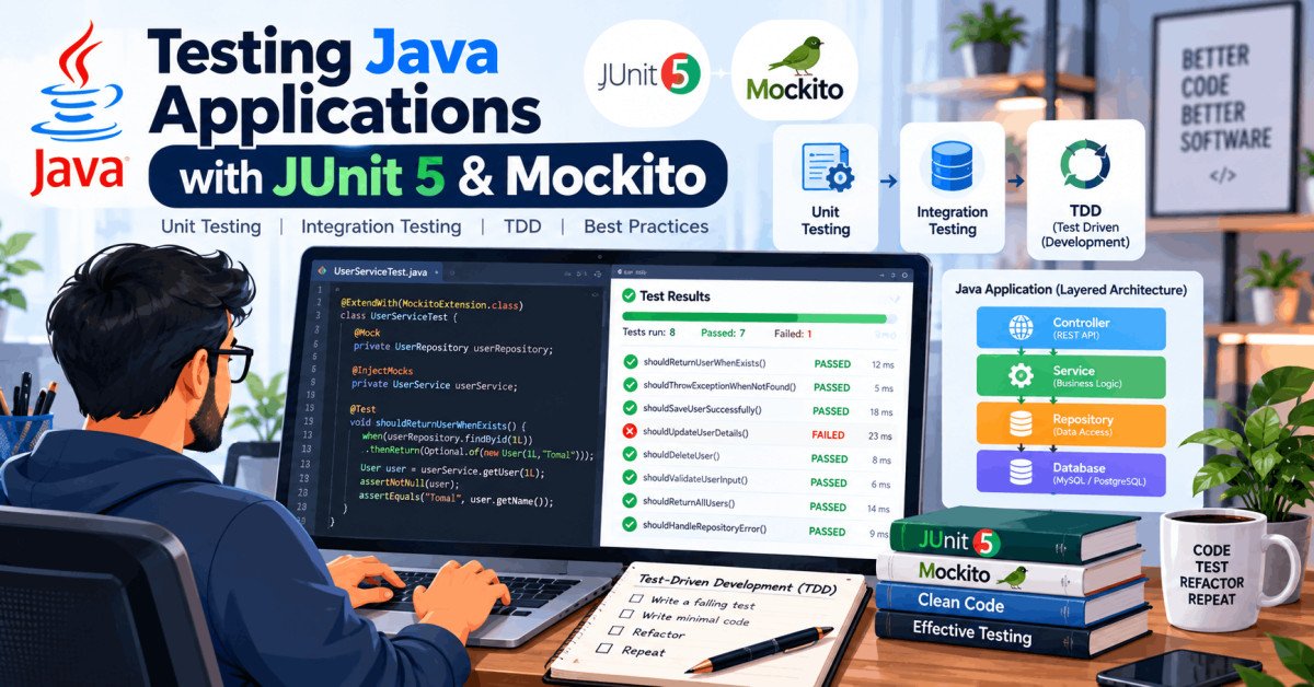 Developers learning JUnit 5 and Mockito testing in Java project environment