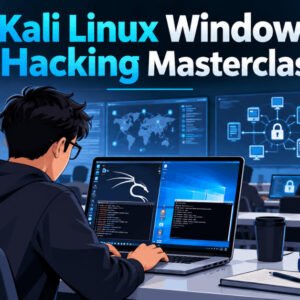Student learning Kali Linux and Windows hacking on laptop with security tools icons.