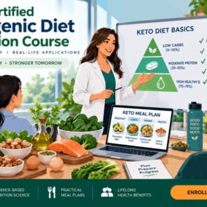 Certification course in ketogenic diet planning and nutrition with keto meals and teaching visuals.