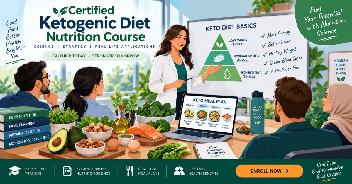 Certification course in ketogenic diet planning and nutrition with keto meals and teaching visuals.