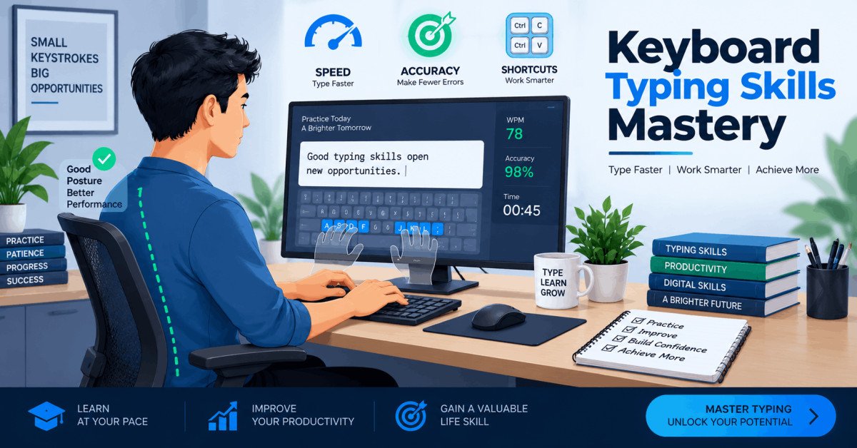 Student practicing keyboard typing skills for speed, accuracy, and posture improvement