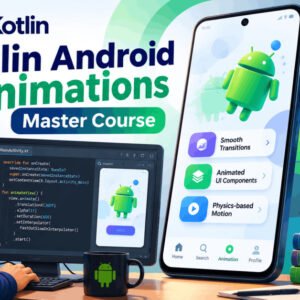 Developer creating Kotlin Android animations with modern UI transitions, vector graphics, and motion effects.