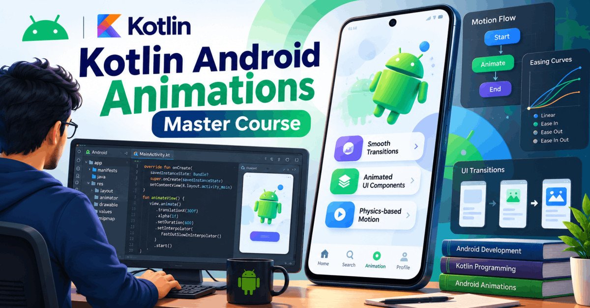 Developer creating Kotlin Android animations with modern UI transitions, vector graphics, and motion effects.