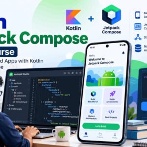 Kotlin Jetpack Compose masterclass illustration showing Android app development.