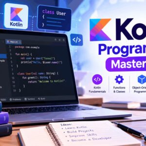 Illustration of Kotlin programming setup with code editor, laptop, and developer workspace. Kotlin Programming Master Course.