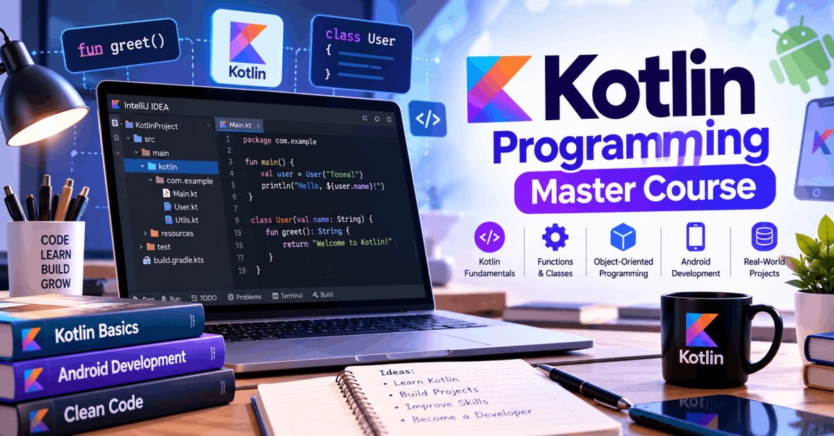 Illustration of Kotlin programming setup with code editor, laptop, and developer workspace. Kotlin Programming Master Course.