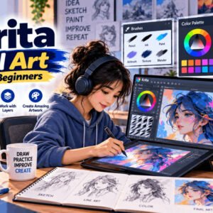 Beginner creating digital art in Krita with brushes, shapes, and layers on screen.