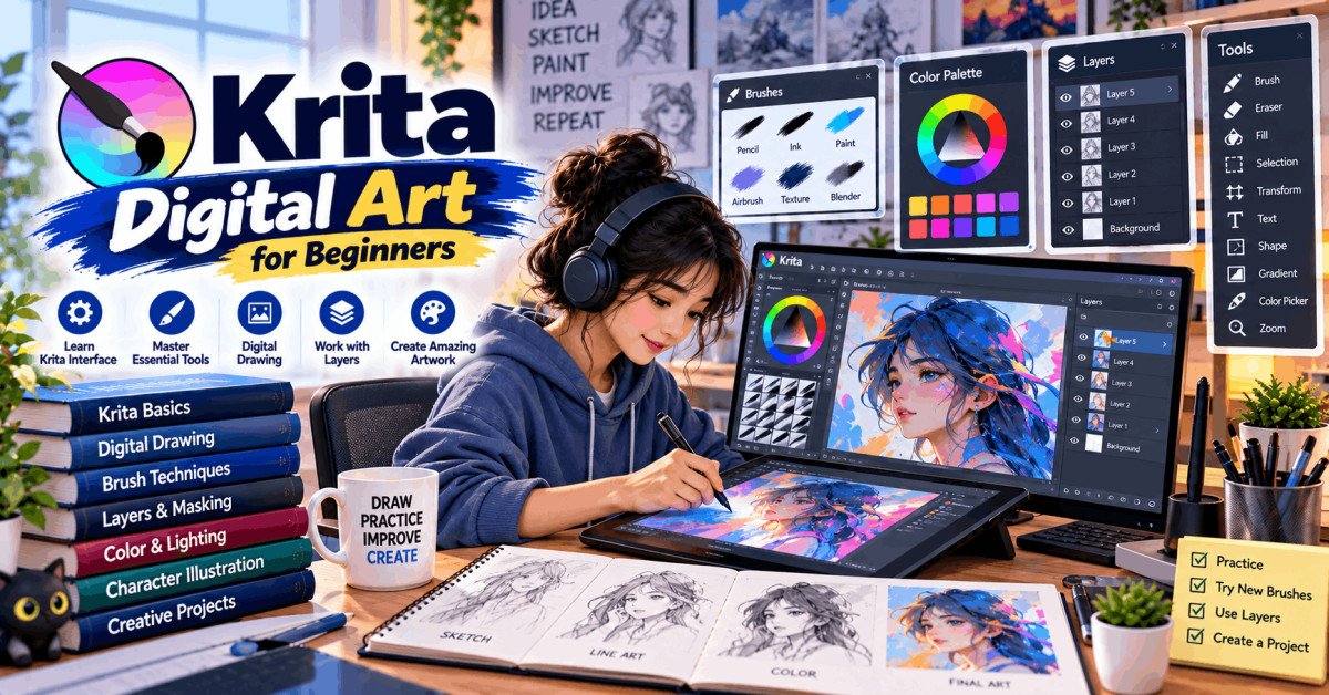 Beginner creating digital art in Krita with brushes, shapes, and layers on screen.