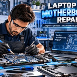 Technician repairing laptop motherboard with soldering tools and diagnostic equipment