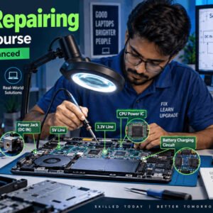 Laptop motherboard repair course with tools, circuits, and components explained