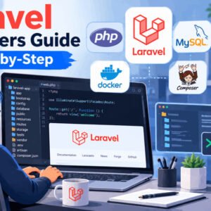 Laravel beginners guide course illustration showing coding setup and step-by-step learning path.