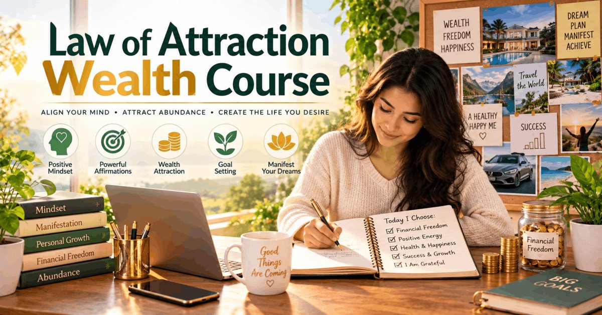 Student practicing law of attraction wealth techniques through affirmations, gratitude, and visualization exercises.