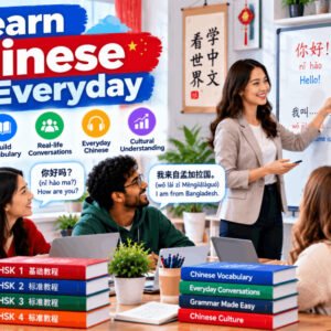 Illustration of students learning Chinese everyday phrases and conversations in a classroom.