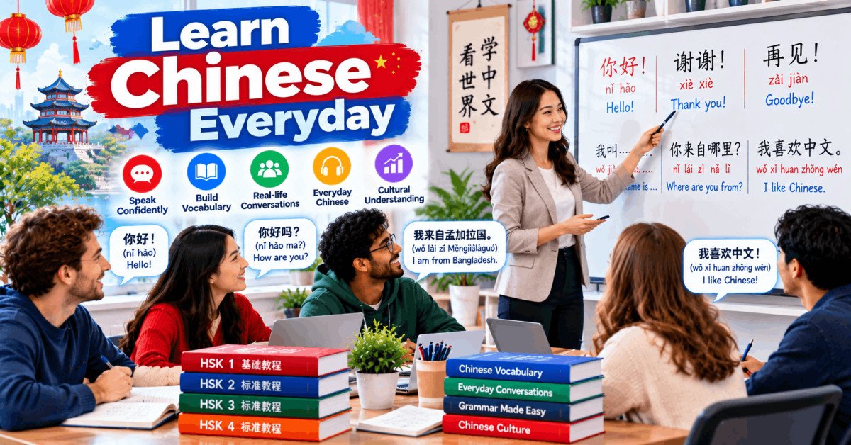 Illustration of students learning Chinese everyday phrases and conversations in a classroom.