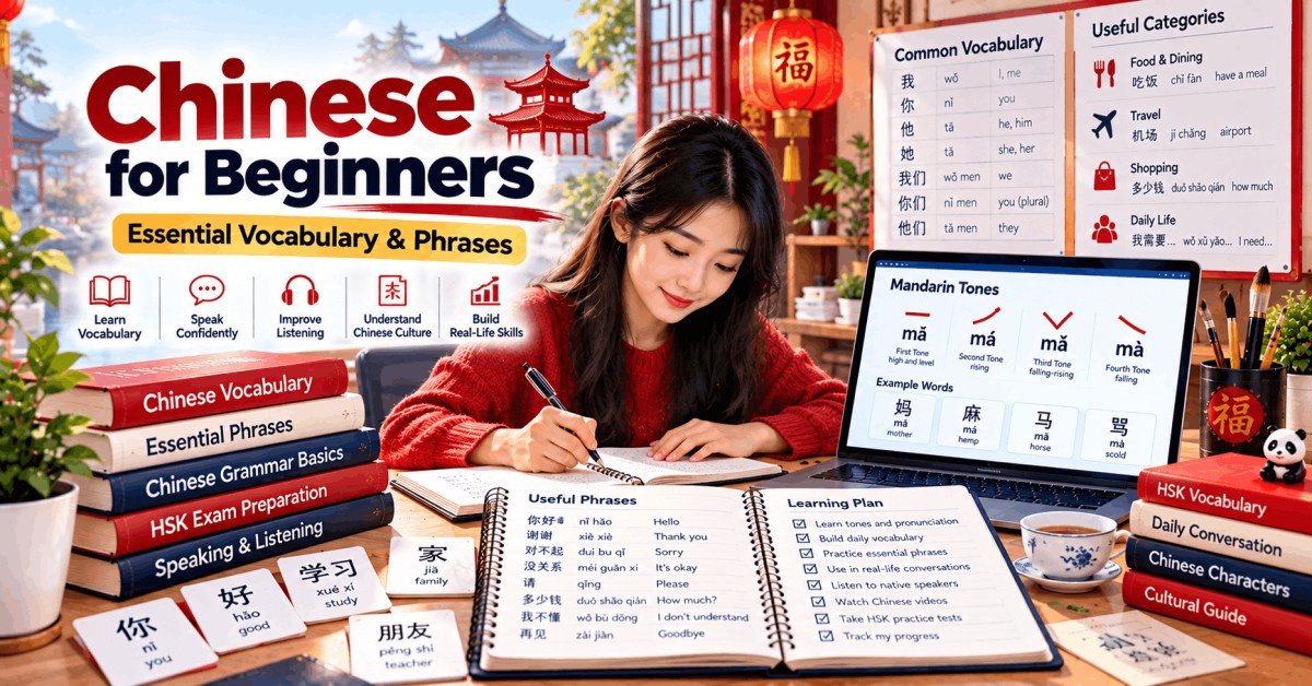 Learn Chinese for beginners with everyday vocabulary and essential phrases, greetings, numbers, and food phrases.