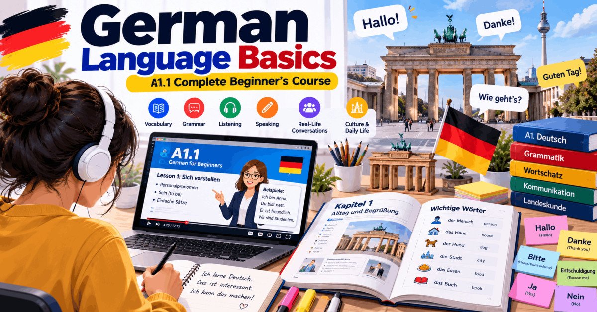 Learn German for beginners A1.1 with lessons on grammar, vocabulary, and culture