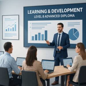 Students studying leadership and training for Learning and Development Diploma Level 8 in a modern training space.