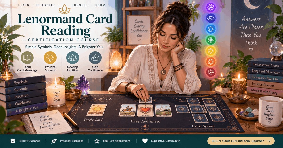 Student practicing Lenormand card reading spreads with certification focus