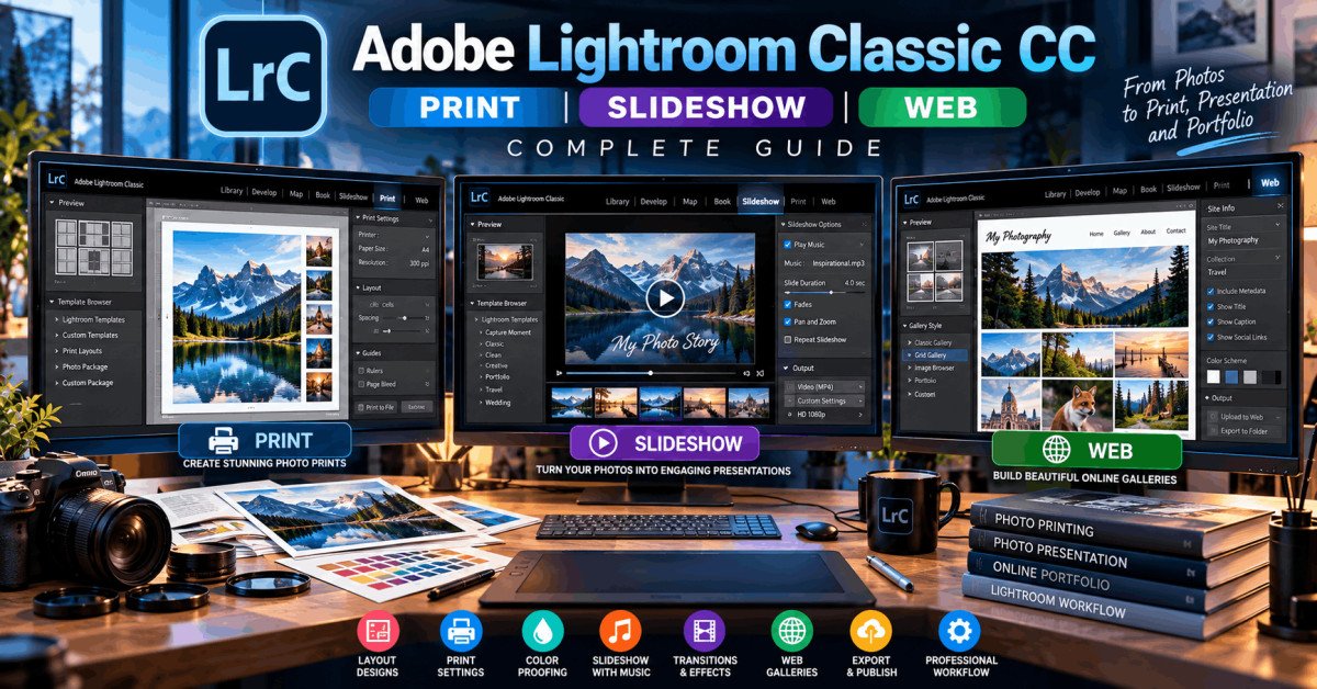 Lightroom Classic CC modules interface showing print, slideshow, and web tools
